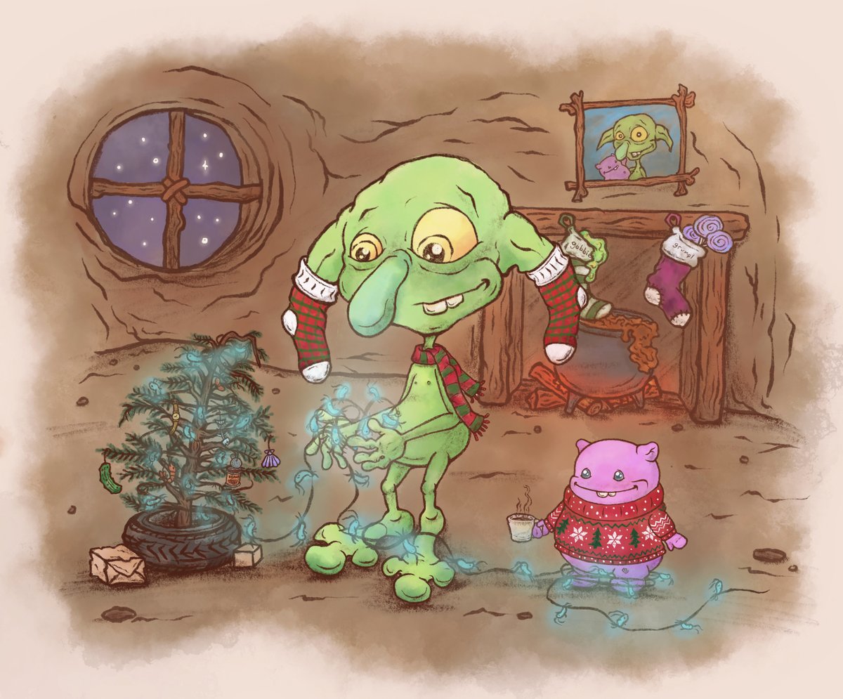 'tis the night before grokklus, and deep underground,
the cold air is filled with the most mischievous sound.

a plump grumpl laughing with festive delight,
while a goblin is pitching great plans for the night.

as our friends commence their grand celebration,
they slowly reveal
