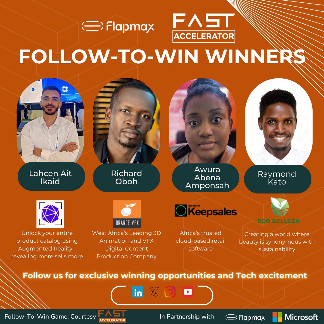FastAccelerator's tweet image. Congratulations to the winners of our Follow-to-Win event from last week!
Smartfy (Retail + AR) 
Orange VFX Studios (Animation/VFX + CreativeTech)
Sumundi Keepsales (Retail + Cloud)
ECO-BELLEZAUG (Beauty + Sustainability) 
Sponsored by Flapmax & Microsoft 
#startups #africa…