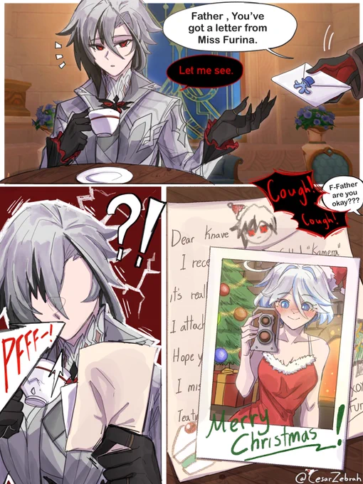 A very festive letter from one to another 🎄🎁 

#ArleFuri #arlecchino #Furina  #原神 