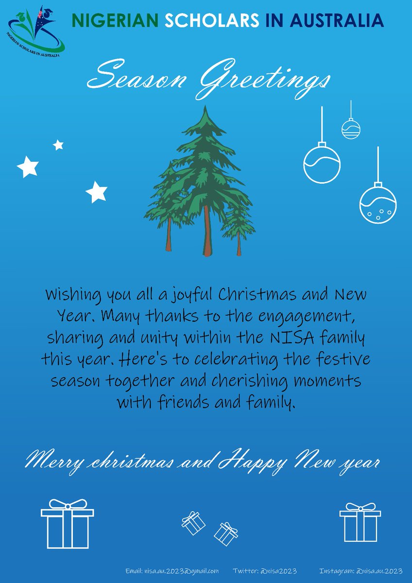 Season Greetings Nigerian Scholars in Australia (NISA). It was really a successful year with you all. We continue in 2024