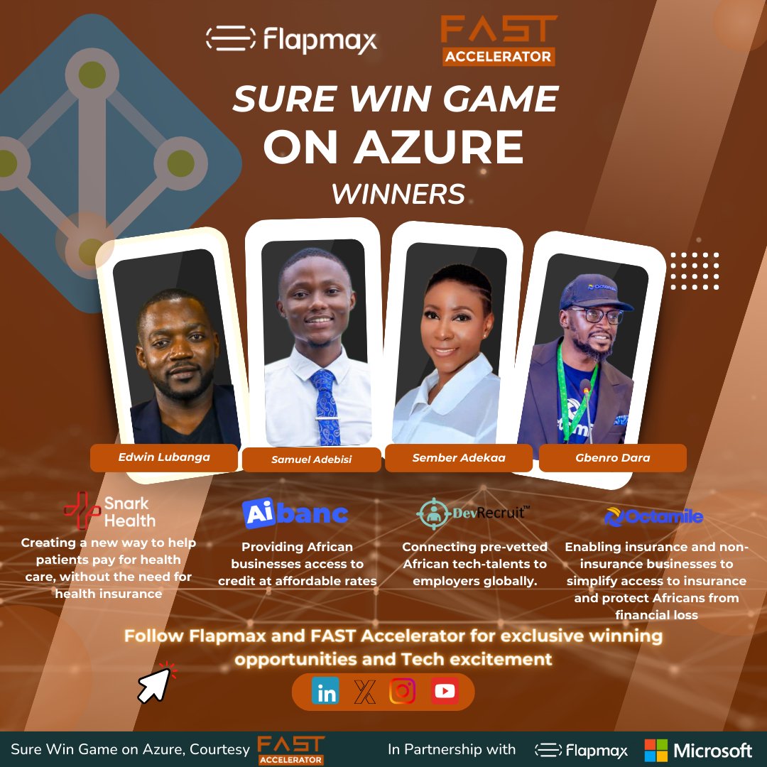 FastAccelerator's tweet image. Congratulations to the winners of our Sure Win Game!
Snark Health (Healthcare)
Aibanc (Financial Services)
DevRecruit (IT Staffing)
Octamile (Insurance)
Sponsored by Flapmax & Microsoft
#startups #africa #innovation #microsoftazure