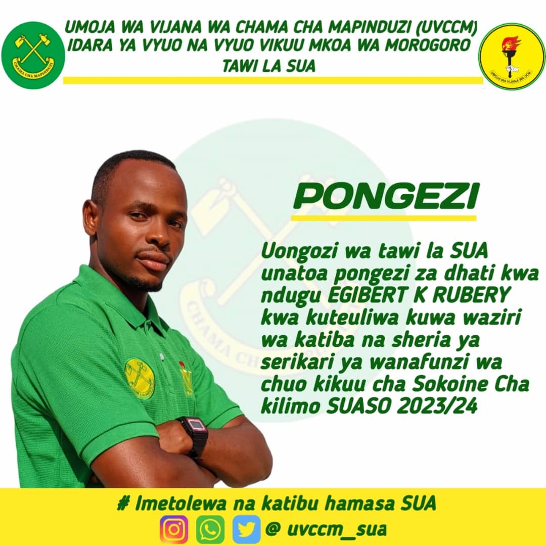 Natambua sana mchango wa Tawi mama katika kunijenga na kunilea kisiasa  nami nahaidi Kuwa mtiifu, na mwaminifu katika utumishi wangu . 
Enheee Mungu nisimamie
Kidumu chama Cha mapinduzi ✅
#rexruberyjr