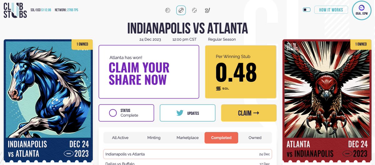 ClubStubs_Live's tweet photo. #ATL handles #INDY! 🏈 Atlanta Stub-holders, your Claims are worth 0.48 $SOL / 192% of mint price 🎟️ https://t.co/FW0LJNgh4y https://t.co/dpzBMUv7IB