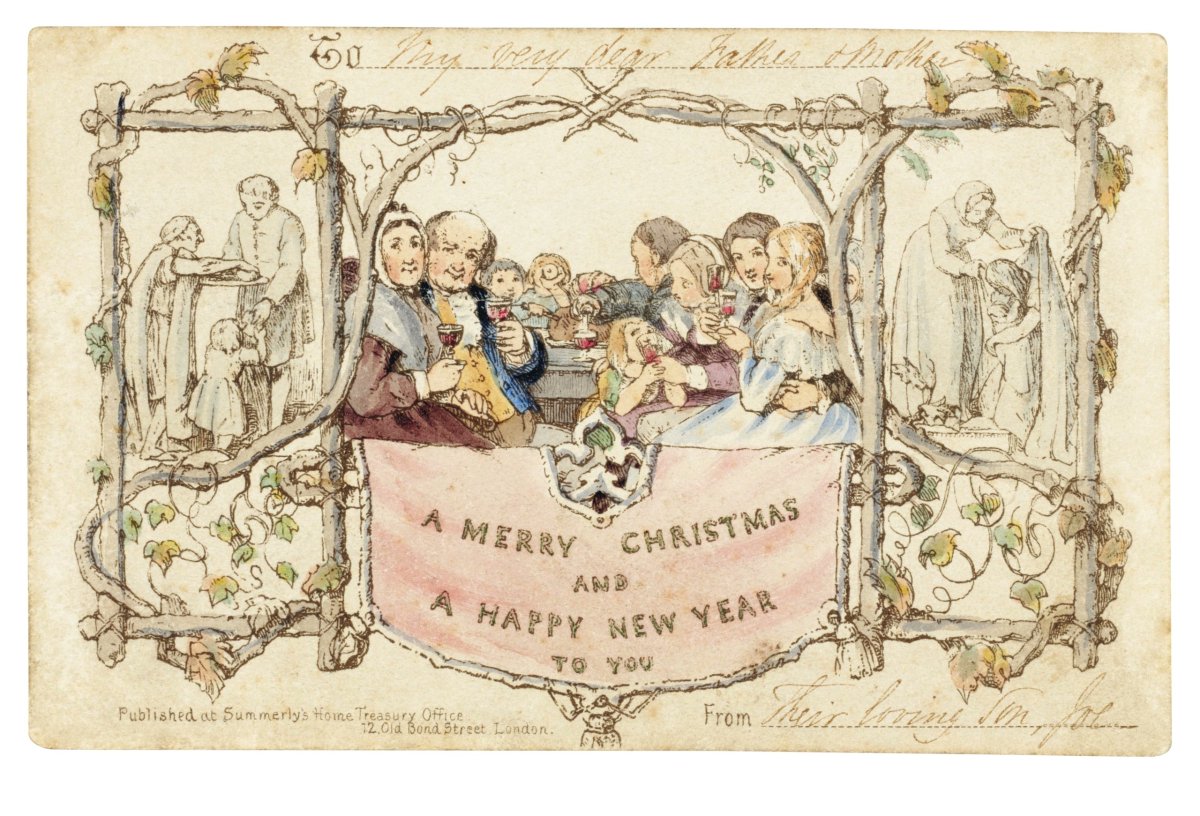 La primera tarjeta navideña producida profesionalmente, en 1843, para Sir Henry Cole. Cole fue un funcionario inglés y, bajo el seudónimo de Felix Summerly, un inventor y autor de libros para niños. el diseño de la tarjeta fue de John Calcott Horsley