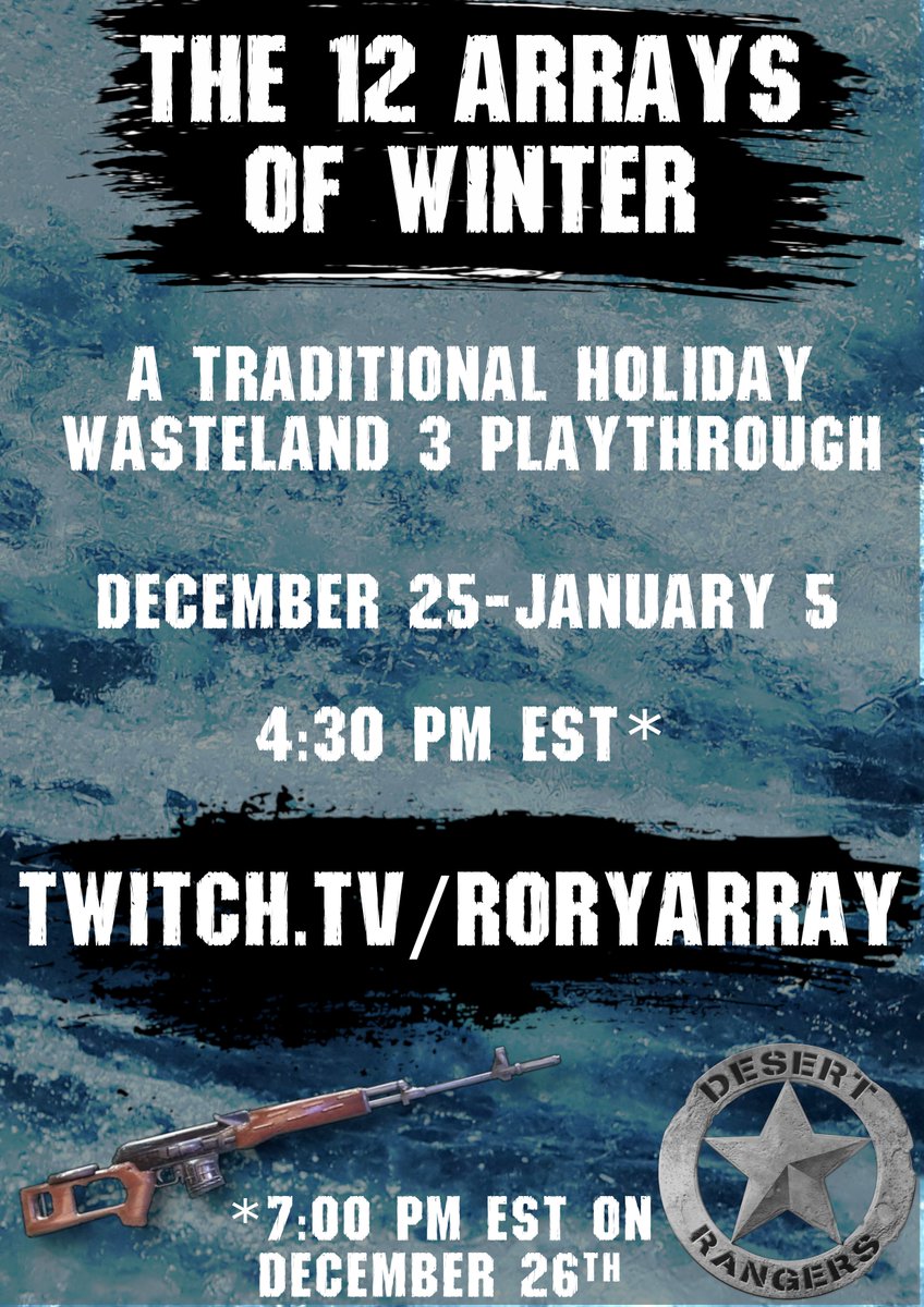 RoryArray's tweet image. Celebrate this holiday season with a cup of Earl Grey and a journey through post-apocalyptic Colorado! It&apos;s The 12 Arrays of Winter!