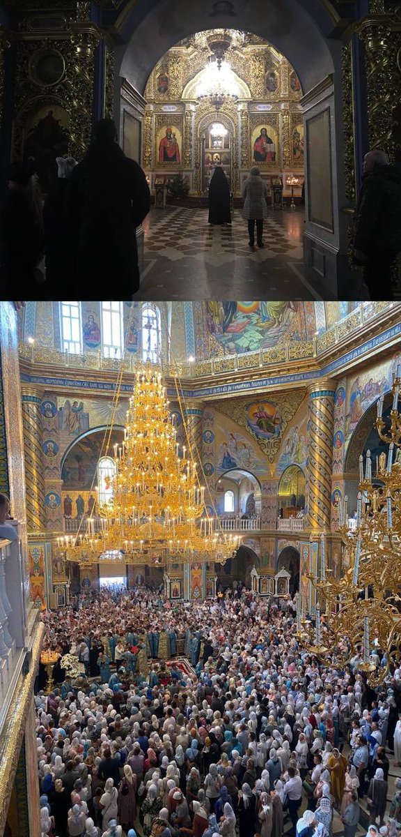 rusgoodman's tweet photo. В Киево-Печерской Лавре в главном Успенском соборе, который отобрали год назад, сегодня попробовали провести литургию. На неё пришло 10 человек, тогда как раньше, до захвата, зайти внутрь было невозможно из-за многочисленных прихожан на молитве (фото снизу). https://t.co/vi8YU5yYy0