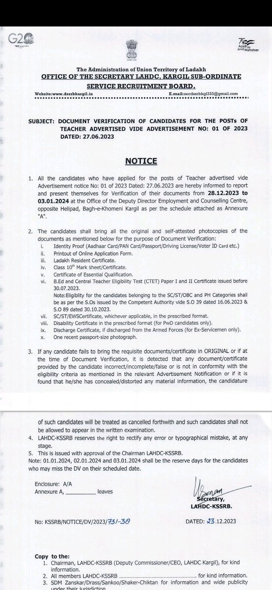 Aksad4u's tweet photo. In a recent notice issued by KSSRB (Notice no. KSSRB/Notice/DV/2023/731-38) regarding the document verification of the teacher post, the verification date is from 28-12-2023 to 03-01-2024. https://t.co/8lWRxHOc2u