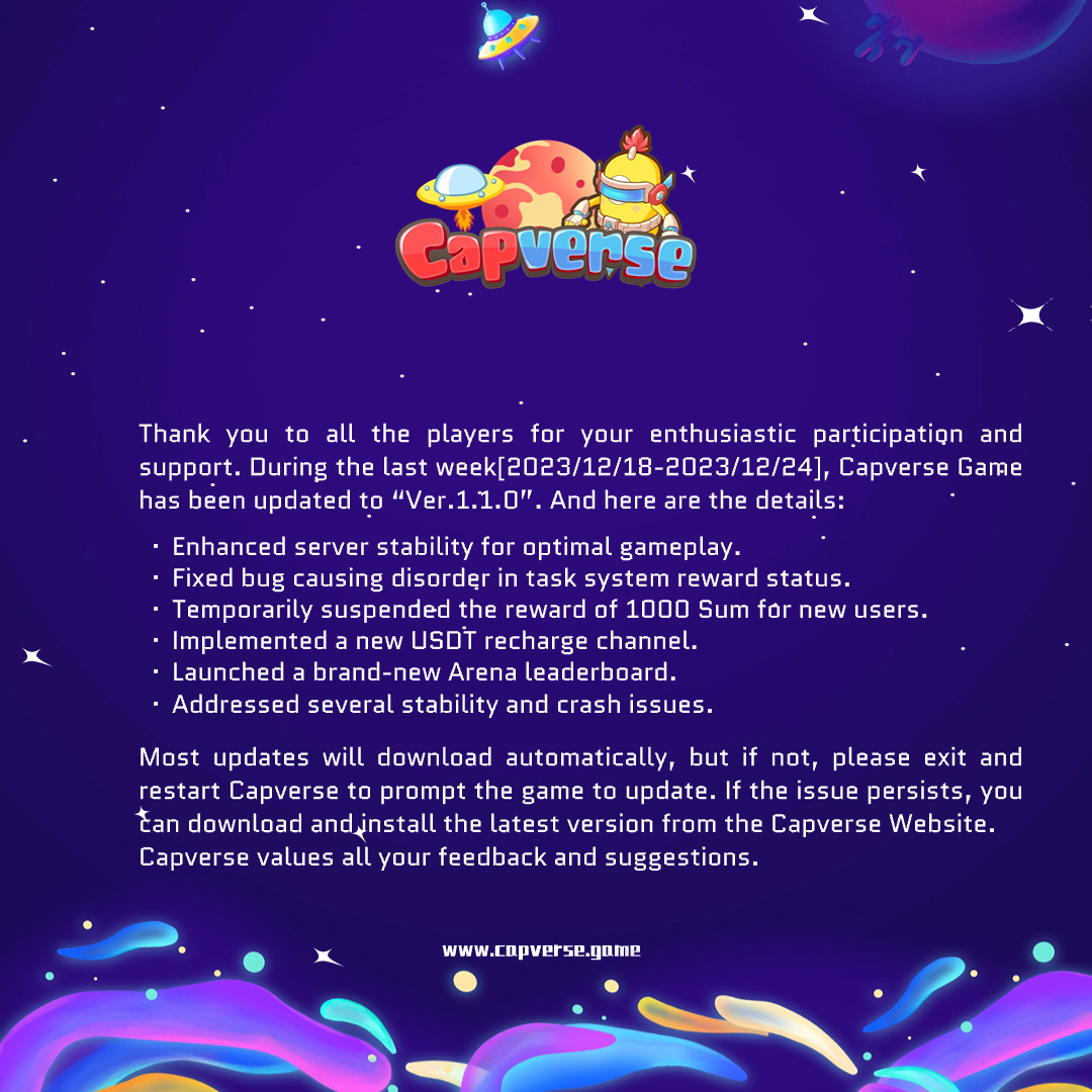 capinfra_io's tweet photo. 📢 #CapverseUpdate Notice [Dec. 18- Dec. 24]

Last week, we performed hot updates on the App and addressed several bugs and crash issues.

👇 Check out the pics below for the details
✅ Stay tuned for weekly updates
#gameupdate #PlayToEarn #NFTs https://t.co/C6ibfBDwkD