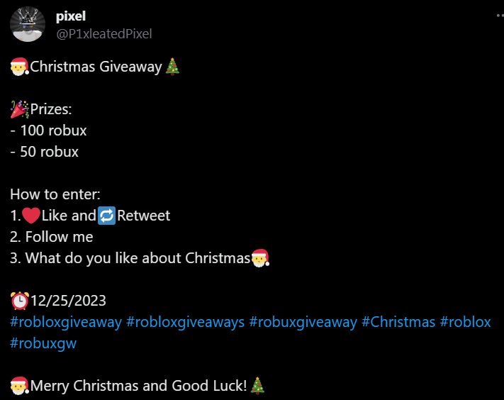 🎅The Christmas Giveaway ends in 10 hours⏰
#robloxgiveaway #robloxgiveaways #robuxgiveaways #roblox #ChristmasGiveaway #robuxgws