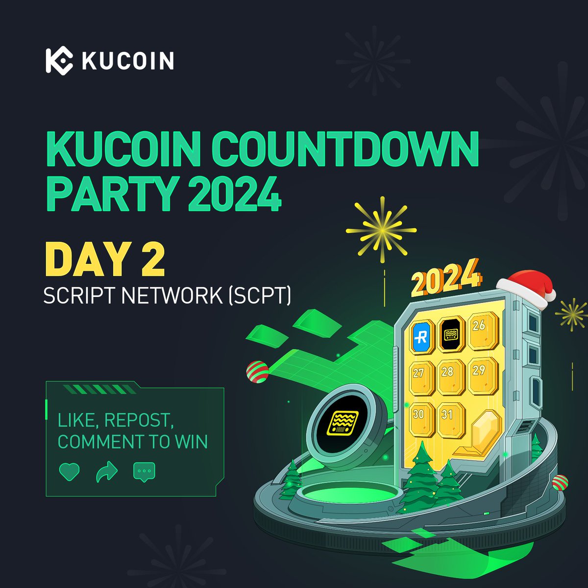 🎄 Giveaway every day till 2024 - join Day 2 of #KuCoinCountdownParty2024 with <a href="/script_network/">Script Network</a>! 🥳🎉

To enter: 
1️⃣ Follow <a href="/kucoincom/">KuCoin</a> &amp; <a href="/script_network/">Script Network</a>
2️⃣ Like &amp; Repost 
3️⃣ Comment your Xmas blessings, tag #KuCoinCountdownParty2024 + 2 friends
4️⃣ Fill in this form: