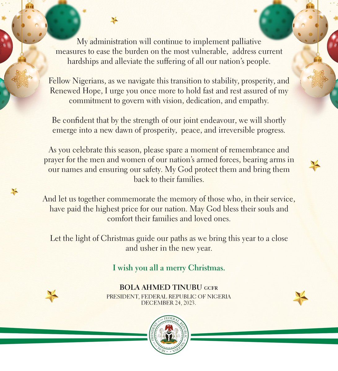 officialABAT's tweet photo. Let the light of Christmas guide our paths as we bring this year to a close and usher in the new year. Nigeria will shortly emerge into a dawn of prosperity, peace, and irreversible progress.

Merry Christmas to you all https://t.co/RHOdkOZnjv