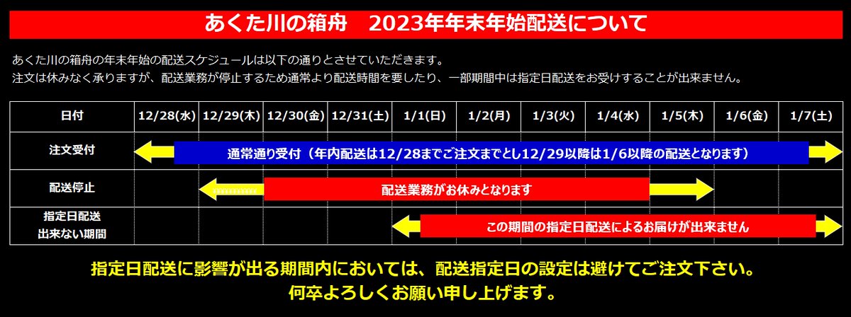 acbee_hakobune's tweet photo. あくた川の箱舟2023年最後のBIGSALE開催中✨

お陰様で多数のご注文をいただいており感謝感謝大感謝です🙏🙏🙏

改めての告知ですが、御注文は年末年始問わず受付しておりますが、配送スケジュールが変則となります☢

指定日配送の場合、希望の日にちに配送出来ないのでくれぐれもご注意くださいね👍 https://t.co/xPSv98Bb2z