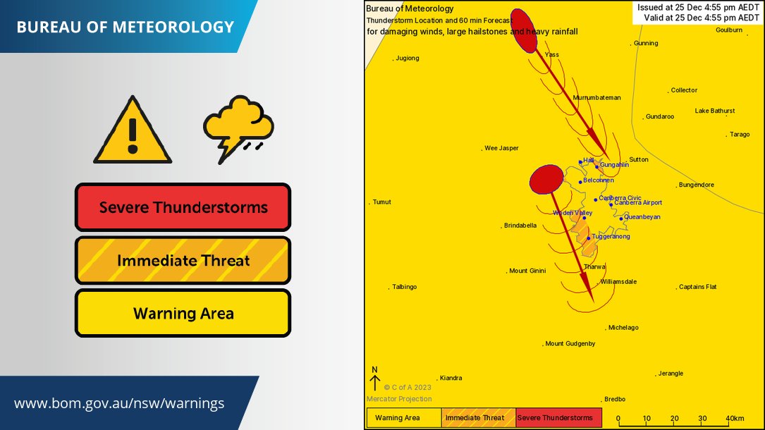 CELL BASED THUNDERSTORMS WARNING still continues in parts of #CANBERRA. DAMAGING WINDS, LARGE HAIL, and HEAVY FALLS all concerns. Latest warning bom.gov.au/products/IDN21…