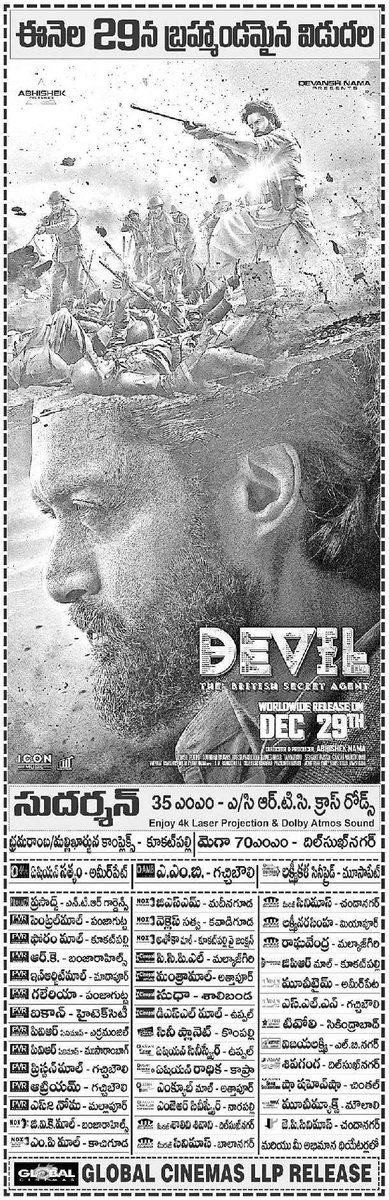 TrendsKalyanRam's tweet image. Nizam &amp;amp; Uttra Andhra Theatres List
#Devil #DevilonDec29th

@NANDAMURIKALYAN @AbhishekPicture
