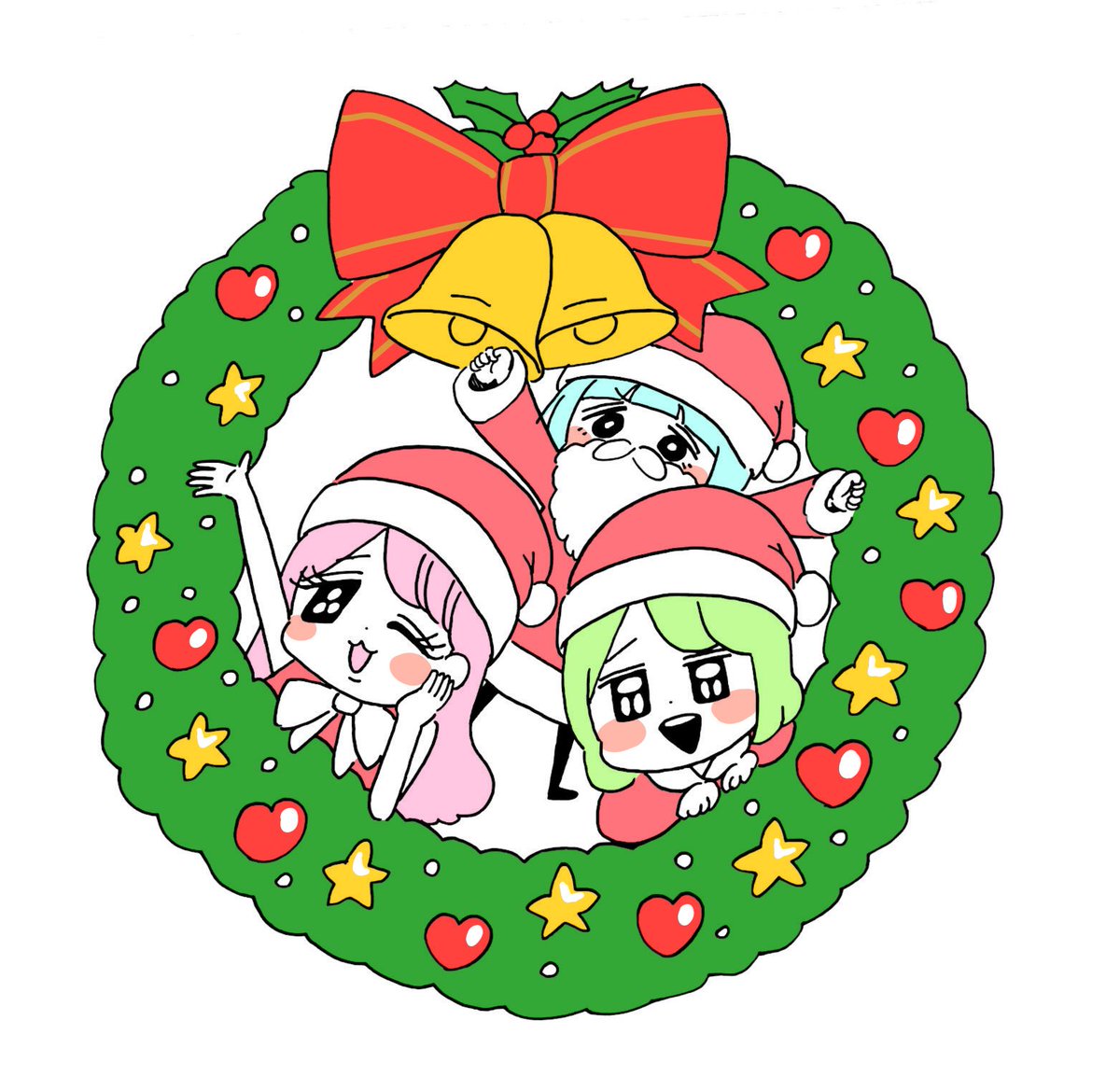 hat christmas multiple girls santa hat bell pink hair one eye closed  illustration images