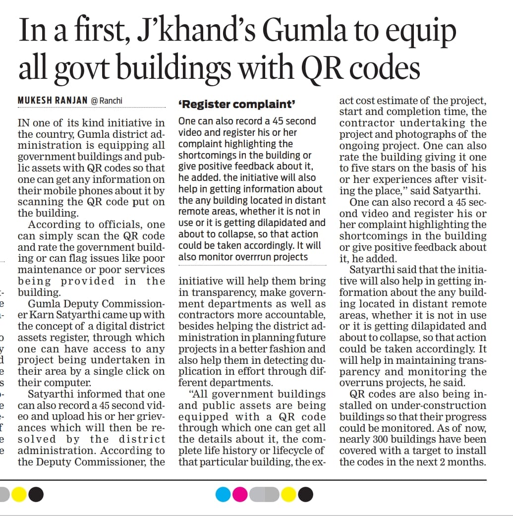 Mukesh_TNIE's tweet image. In a first, #Jharkhand’s Gumla is equipping all govt buildings with QR codes to enable people register their complaints, get all information about it.
Read Here: newindianexpress.com/nation/2023/de…
@NewIndianXpress @TheMornStandard @santwana99 @Shahid_Faridi_ @PMOIndia @NITIAayog @DCGumla