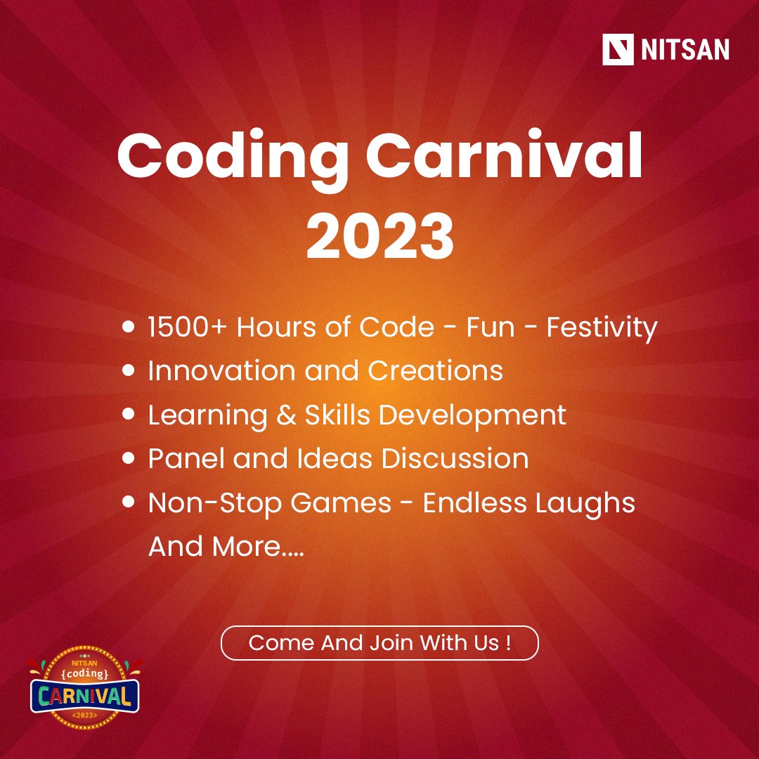 nitsantech's tweet image. NITSAN is hosting its FIRST-EVER #CodingCarnival Week🤩

Exciting WEEK OFF!

👉 1500+ hours of Code-Fun-Festivity
👉 Learning &amp;amp; Skills Development
👉 Panel and Ideas Discussion
👉 Games&amp;amp; Fun 

Stay tuned😉

#NITSANCodingCarnival #NITSANCodingCarnival2023 #NS1500HRS #NITSAN