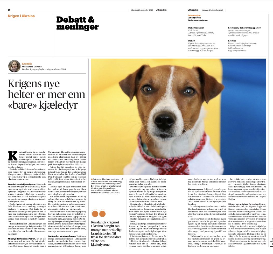 Møt 🐶Patron og 🐈Stepan. «Krigen har ført til at ukrainske kjæledyr er blitt ekte samfunnsaktører, som hjelper folk med å opprettholde motstandsdyktigheten”, skriver @OleksandraDein2 forsker på NIBR @OsloMet