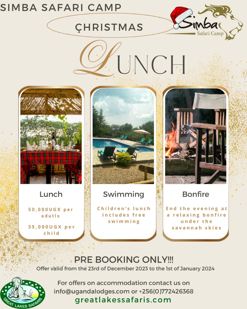 Join us at Simba Safari Camp, nestled near Queen Elizabeth National Park, for a Christmas feast filled with joy, delicious flavors, and the magic of the season! (offer valid till the 1st of January)🎄🍽️✨ #ChristmasLunch #QueenElizabethNationalPark #FestiveFeast
