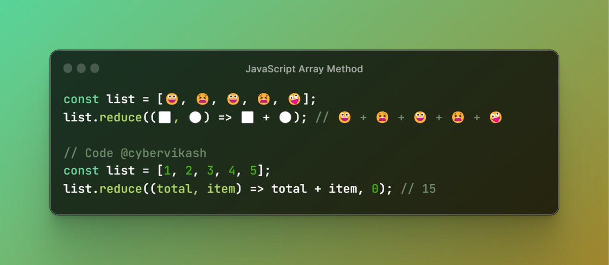 Array.reduce()
Reduce the array to a single value. The value returned by the function is stored in an accumulator (result/total).

#JavaScriptArray #ArrayMethods #JavaScriptTips #CodingTips #Programming101 #JSProgramming #WebDevelopment #CodingCommunity #DeveloperTips #TechTalk