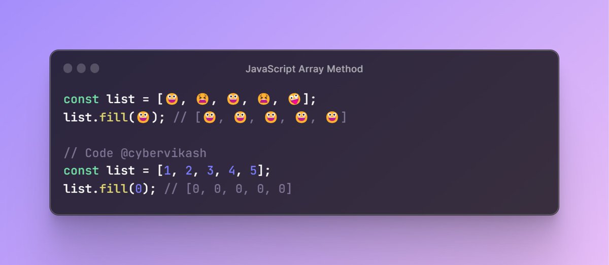 Array.fill()
Fill the elements in an array with a static value.

#JavaScriptArray #ArrayMethods #JavaScriptTips #CodingTips #Programming101 #JSProgramming #WebDevelopment #CodingCommunity #DeveloperTips #TechTalk