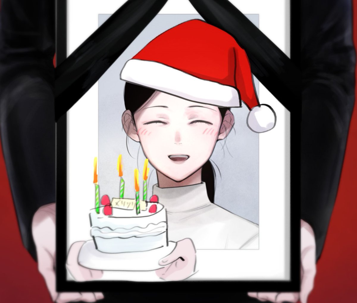 hat santa hat food cake 1girl black hair closed eyes  illustration images