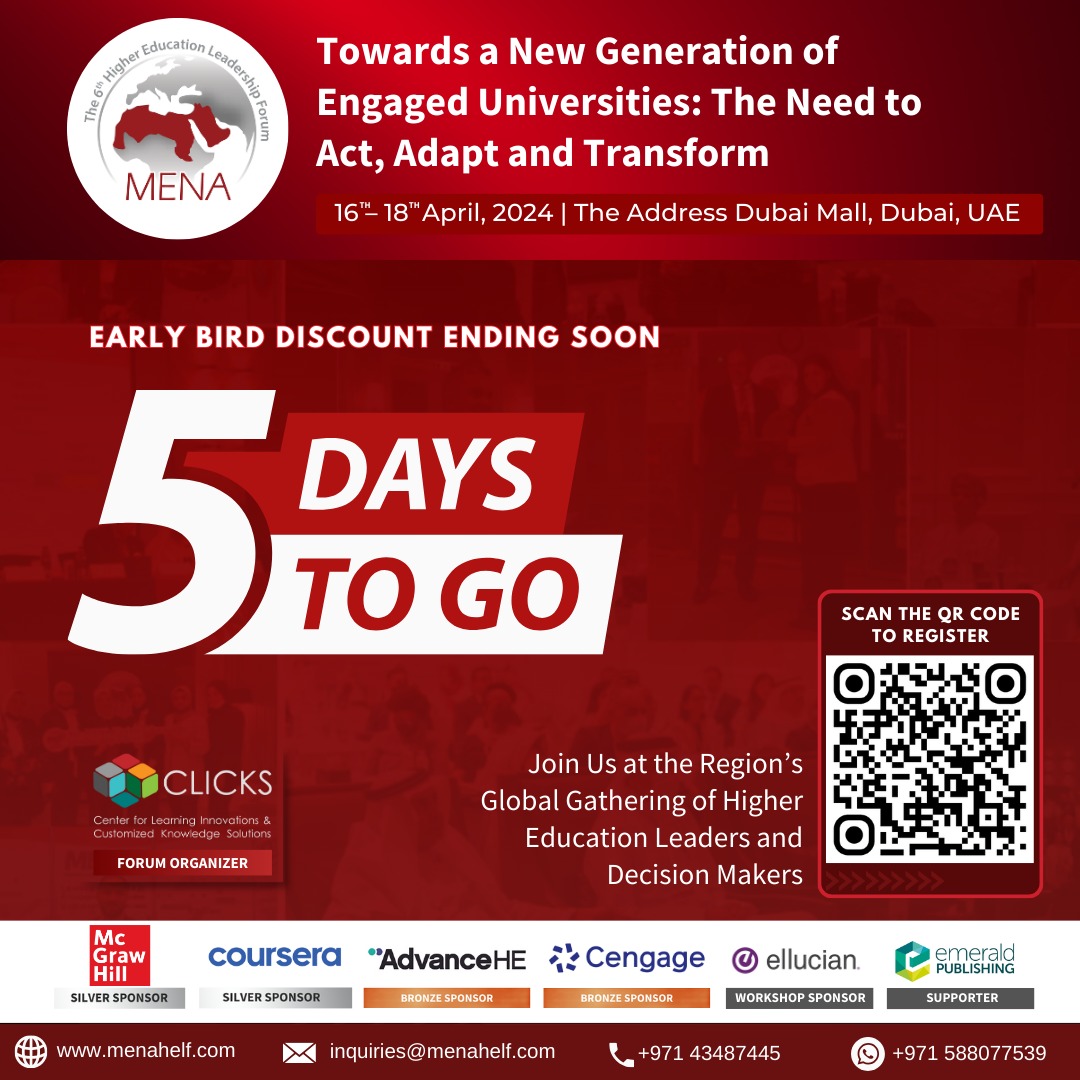 Don't Miss Out on Early Bird Savings! Secure your spot at the 6th MENA HE Leadership Forum, with early bird registration fee available until December 30th, 2023 📅 Event Date: April 16th-18th, 2024 📍 Venue: Address Hotel Dubai Mall, Dubai, UAE Visit menahelf.com