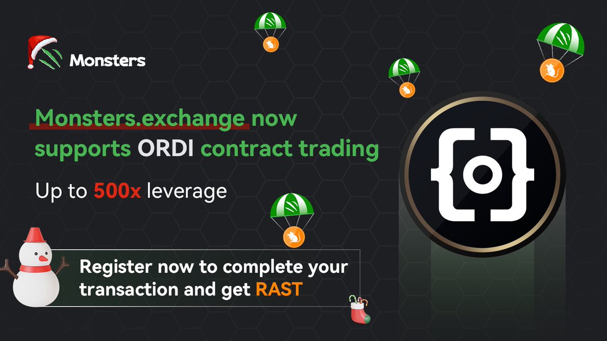 Monsters_trade's tweet photo. Merry Christmas🎄
 https://t.co/nd1YYeq7qj introduces ORDI contract trading with up to 500x leverage. Join the festive celebrations - register &amp; trade during our Christmas event to receive RATS tokens as gifts! 🎁 #CryptoTrading #ChristmasGifts https://t.co/PybX3rx7Jl