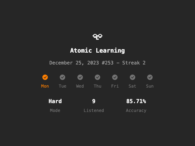 charles830918's tweet photo. Atomic Learning #253 - Streak 2
Hard🔥/9 Listened/85.71% Accuracy
https://t.co/UCVIkartnJ
@atomiclearning_ #AtomicLearning #langtwt https://t.co/DEUkprrZxl