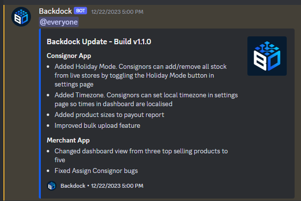 paulkoyama's tweet photo. Version V1.10 of @backdockapp was released this week with the new Holiday Mode! Consignor's can now remove stock from stores when they are taking a break and instantly upload when back ready to sell 🚀 https://t.co/hmU23Y0HJV