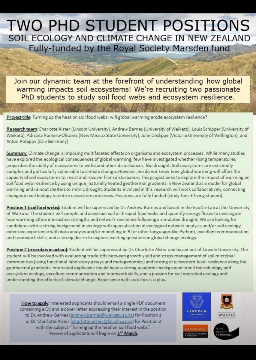 Sir_Rexpect's tweet image. New Zealand is seeking PhD students who are passionate about tackling the challenges of soil and climate change. The program offers an opportunity to work with top researchers and uncover hidden secrets. Interested students can apply today using the hashtags #ScienceforGood,