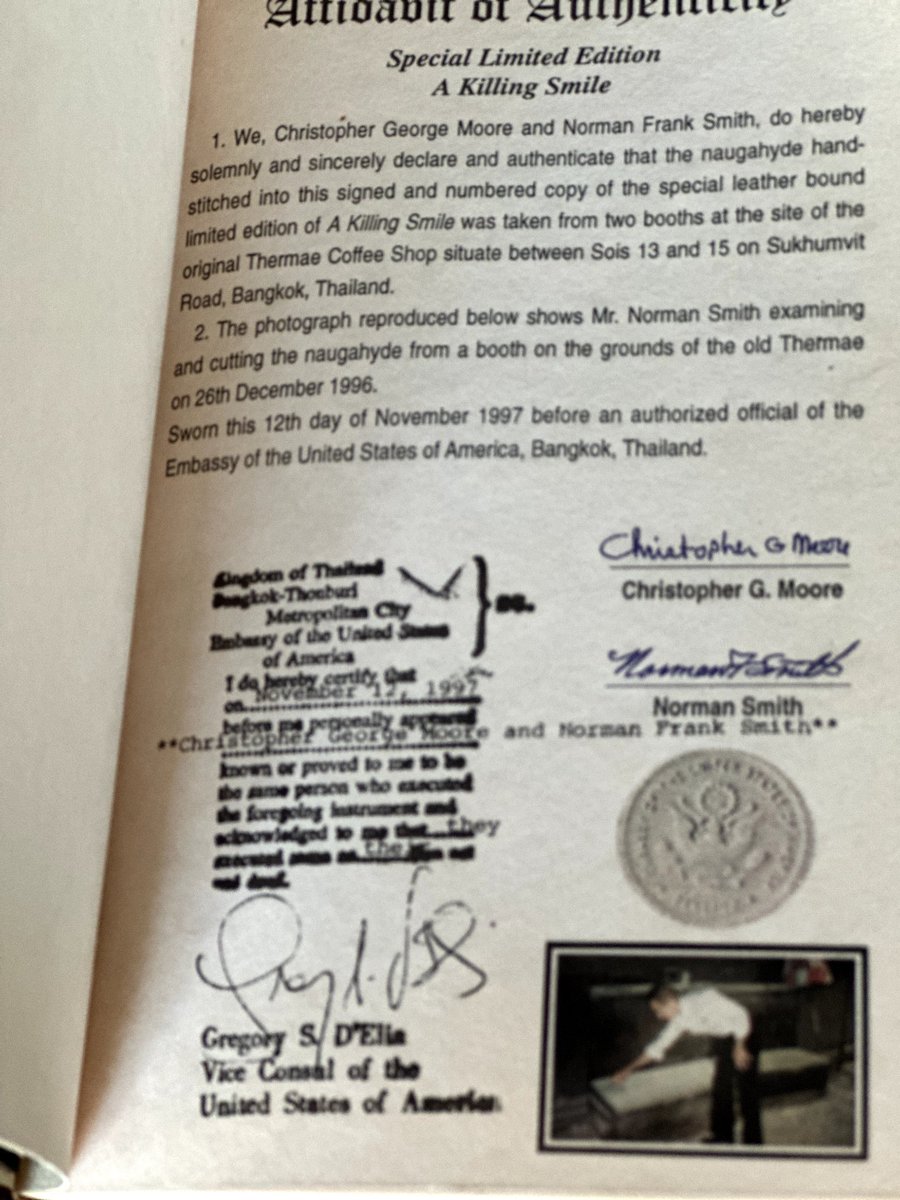 bangkok_pat's tweet photo. Own a physical piece of old Bangkok with Christopher G. Moore's 'A Killing Smile' special edition which includes a piece of the old Thermae leather seating. Signed and numbered.
Christopher G. Moore 'A Killing Smile' special edition: https://t.co/jrYuXRl9hY https://t.co/xki5Rjp5NX