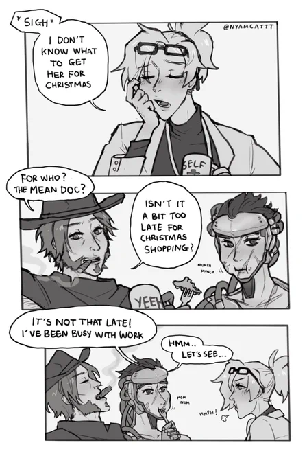 short christmas #moicy comic! a bit of headcanon lore about why i keep drawing moira in silly bunny socks 🐰 i also think overwatch break room must be rowdy with these guys. happy holidays everyone!!