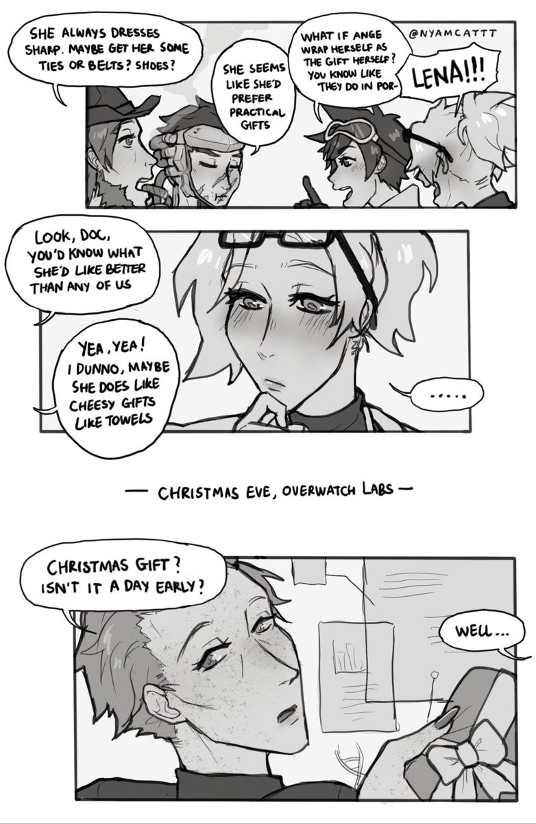 short christmas #moicy comic! a bit of headcanon lore about why i keep drawing moira in silly bunny socks 🐰 i also think overwatch break room must be rowdy with these guys. happy holidays everyone!!