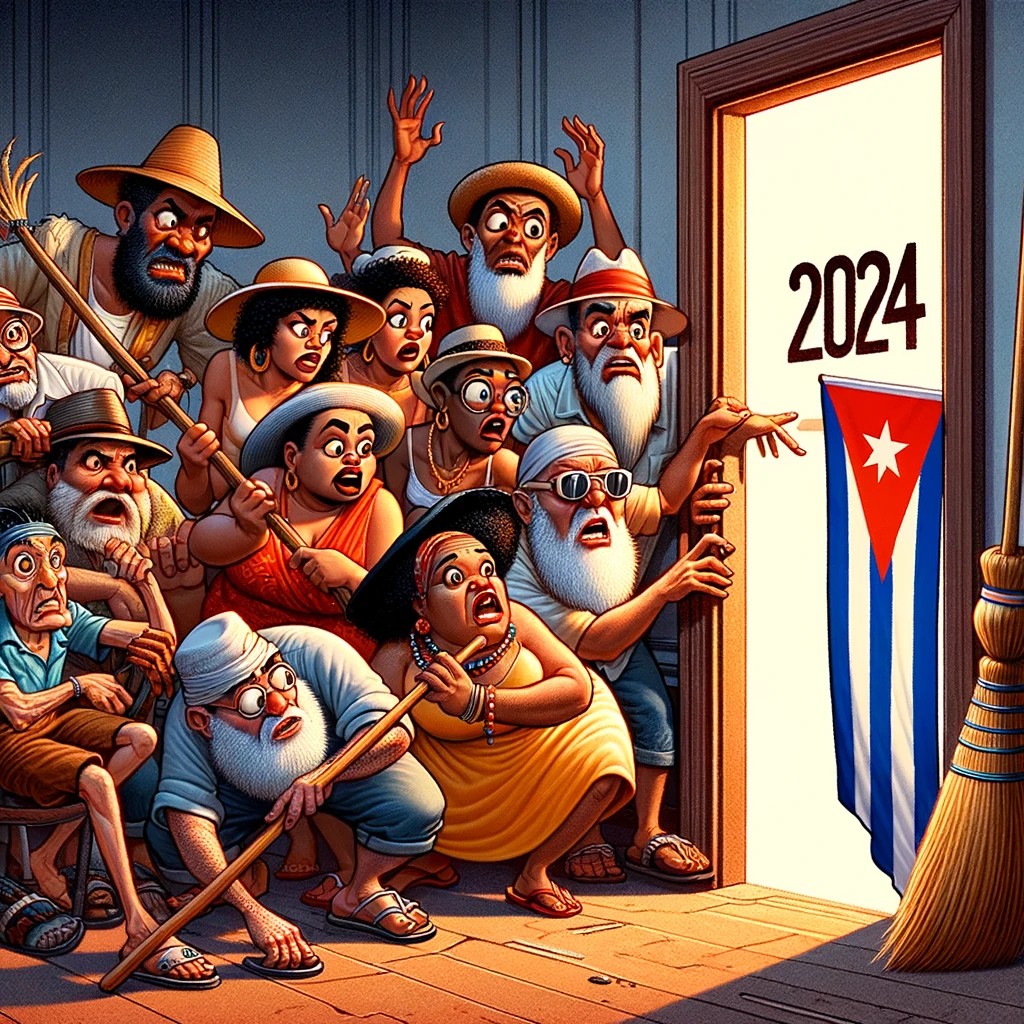 As_9712's tweet photo. "2024: El año en que los cubanos intercambian el 'qué bolá' por 'qué habrá' detrás de esa puerta." https://t.co/bNm9uIG7rs