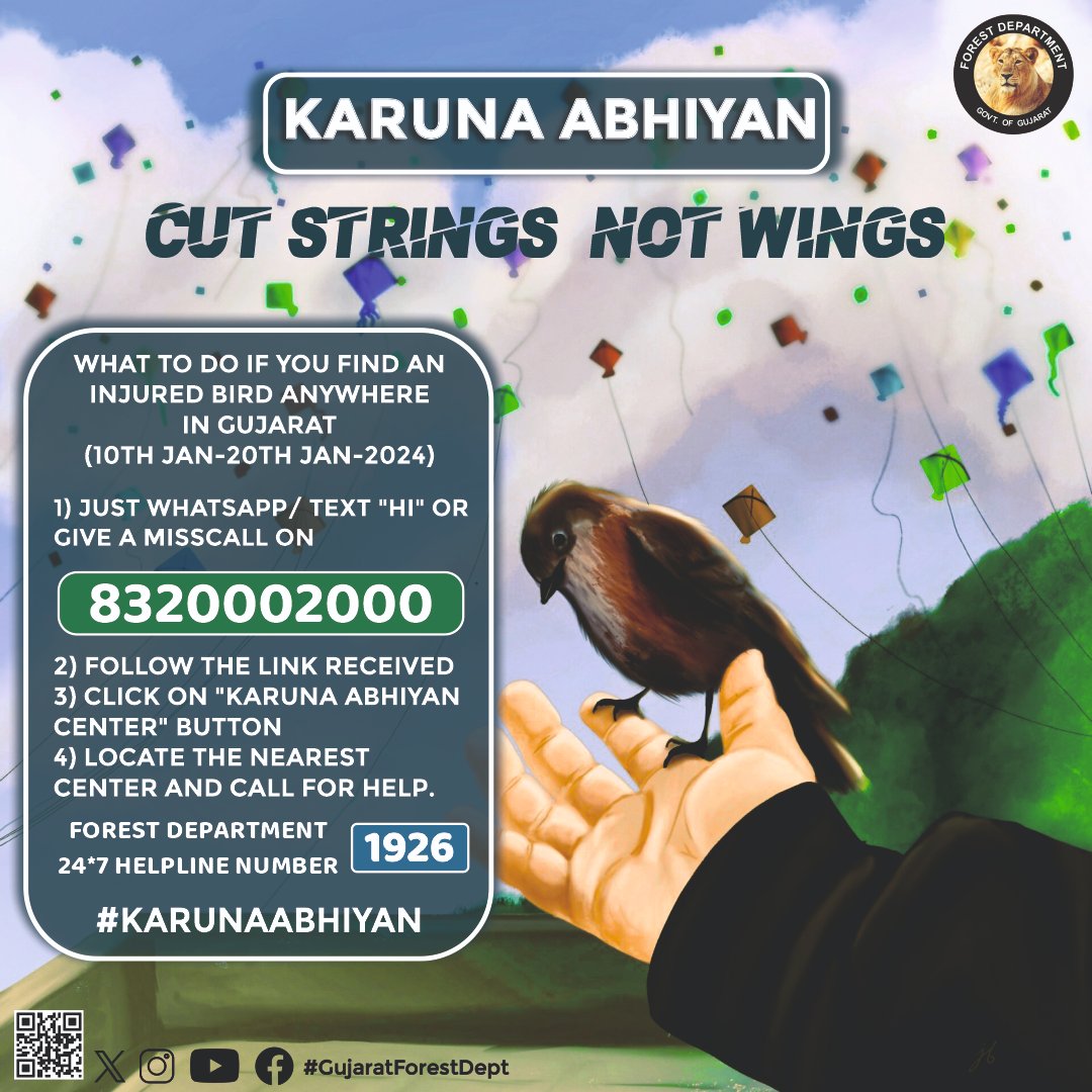 GujForestDept's tweet photo. Cut strings, not wings. Let's create a sky where freedom knows no bounds for our winged companions. 🕊️✂️

Spread this message to others. It may help save injured bird.
#SaveBirds #ActNowForNature
#KARUNAABHIYAN
#Karunaabhiyan2024
#BirdFreedom #CutStringsNotWings https://t.co/cFBVHLT1yZ