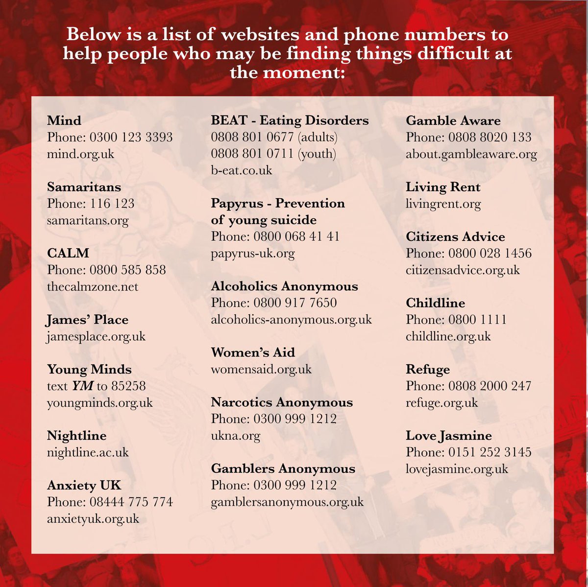We wish everyone a Merry Christmas, but we understand that for many people this can be a difficult time. Everyone is impacted by mental health in some way, and we hope that this list of numbers and websites might be useful for anyone who is finding things tough at the moment.