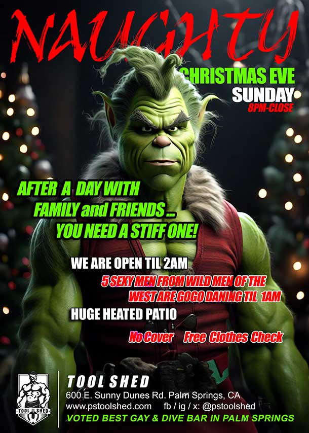Tool Shed Palm Springs (@pstoolshed) on Twitter photo YES! We are open ... Come get your bells jingled til 2 am along with the Wild Men of the West Productions and <a href="/goDJCoreyD/">DJ Corey D</a> YES! We are open ... Come get your bells jingled til 2 am along with the Wild Men of the West Productions and <a href="/goDJCoreyD/">DJ Corey D</a>
