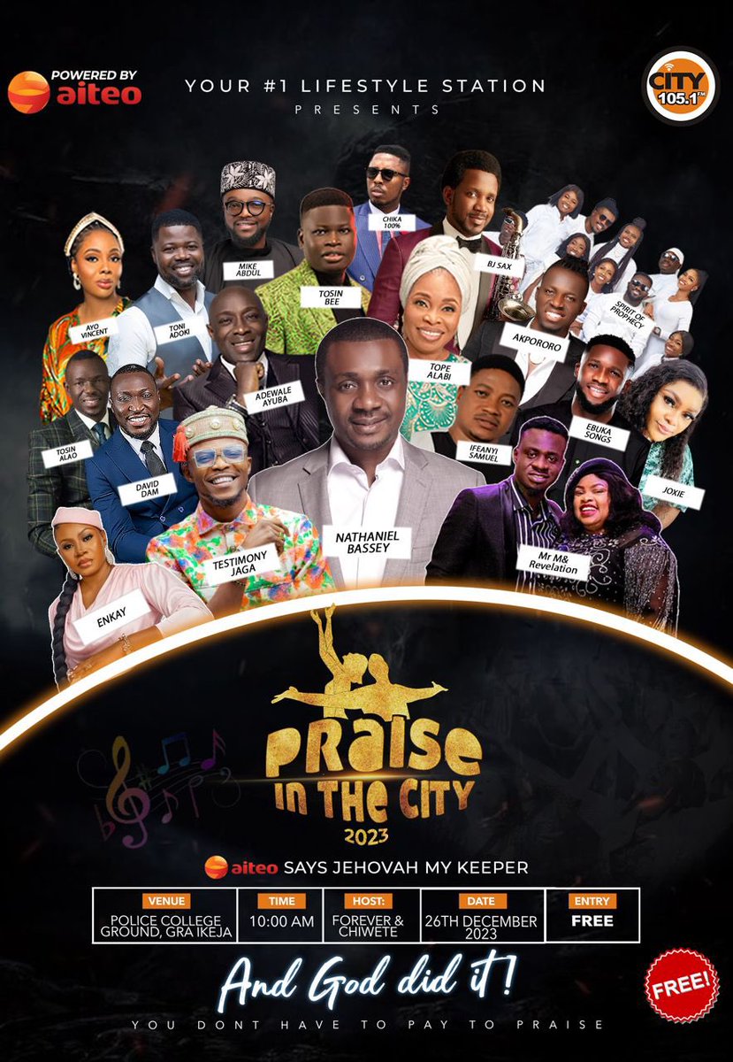 Praise in the city 2023 is here, and this time the line up is stacked from Tope Alabi to Nathaniel Bassey and even Akpororo.
I will be there, you should too.

#PITC2023 #AITEO