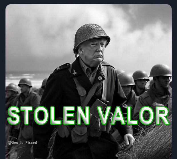 The ever-cowardly Mr. Bone-Spurs appears here to be representing himself as a WWII hero on his grift merch.

If you think this is a slap in the face of every Veteran, we should be Following each other! 
#StolenValor #SuckersAndLosers #Veterans #TrumpSmellsBad #TrumpSmells