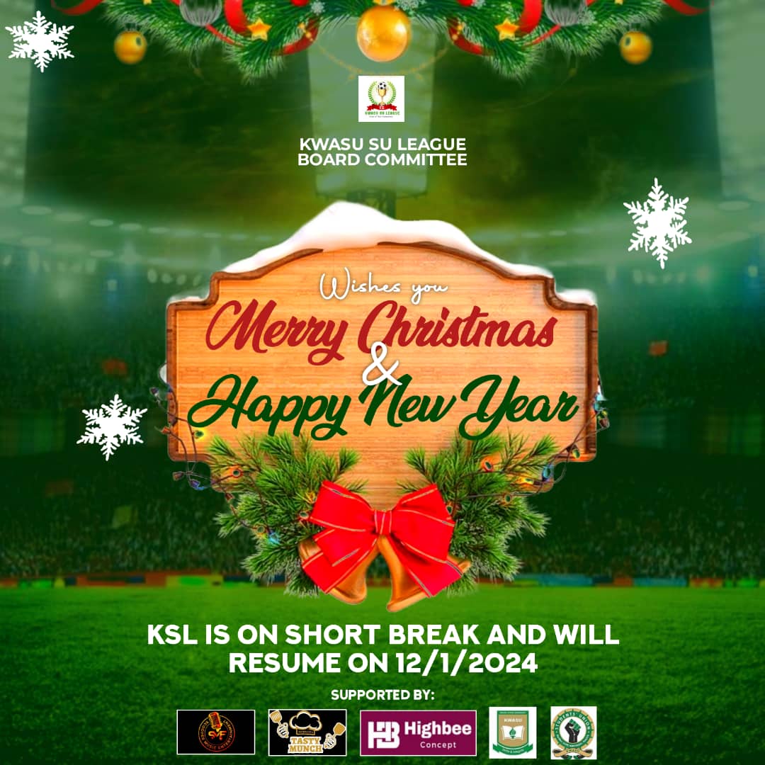KwasuSports's tweet photo. Wishing you a Merry Christmas 🌲and Happy New Year in Advance from everybody at the KSL Community .......
#KwasuSuleague
#Greetingsoftheseason https://t.co/LgAn2ddE8T