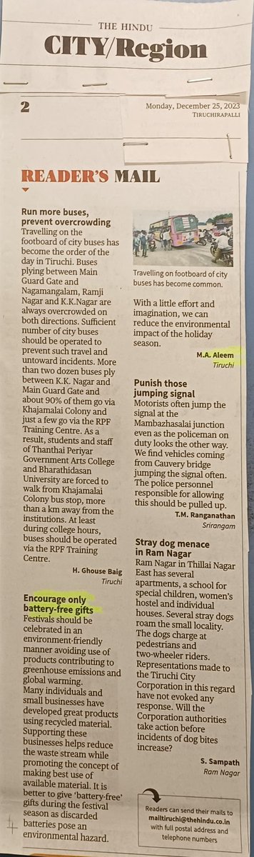 'Encourage only battery-free gifts# in #FestivalSeason  to avoid #GreenHouse emissions #GlobalWarming #ClimateChange by M.A.Aleem Advocate #ClimateChangeAndHealth #SwachhBharat Ambassador #Trichy #TamilNadu #India in Readers Mail Column of Trichy The Hindu @the_hindu on 25.12.23