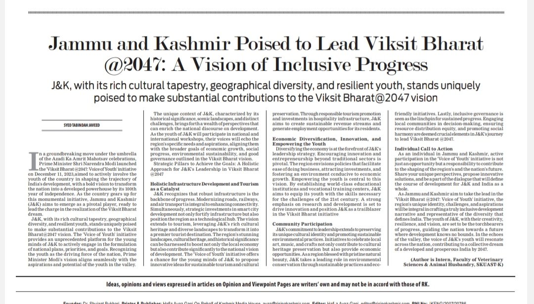 Jammu and Kashmir Poised to Lead Viksit Bharat write SKUAST-K student! J&K, with its rich cultural tapestry, geographical diversity, and resilient youth, stands uniquely poised to make substantial contributions to the #ViksitBharat@2047 vision risingkashmir.com/jammu-and-kash…