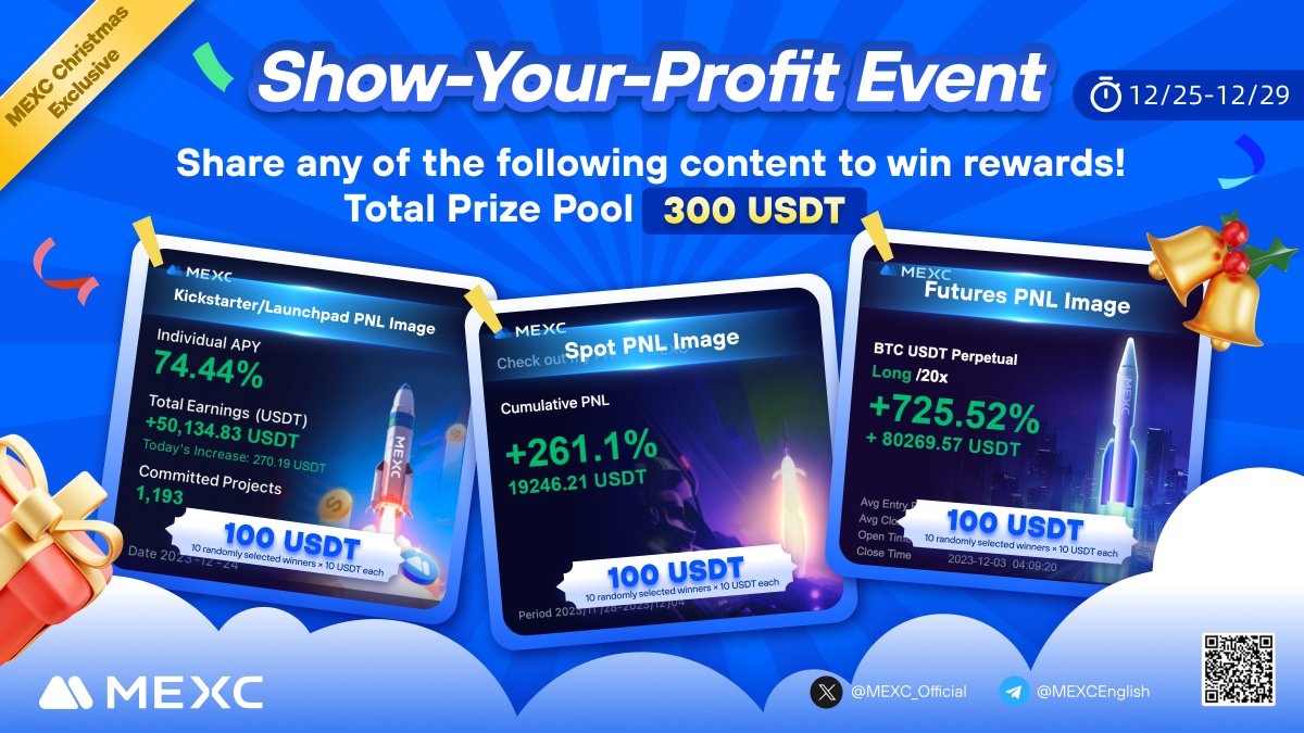 🎉 300 USDT Lucky Draw from 🎅!

🚀Come show the world your profits on 𝕏 and #Telegram!

⬇️Missions⬇️

🎯1⃣ Show your #Kickstarter &amp; #Launchpad PNL Image
🎁 10 X 10 USDT Each

🎯2⃣ Show your Spot PNL Image
🎁 10 X 10 USDT Each

🎯3⃣ Show your Futures PNL Image
🎁 10 X 10 USDT