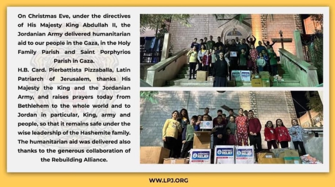 LaylaMoran's tweet photo. Update: More good news. On Christmas Eve some food and water was delivered to both Churches in Gaza thanks to the Jordanians. 

Thanks to all who have been following this story. Merry Christmas. 🎄 https://t.co/0wOVxSG6ZC