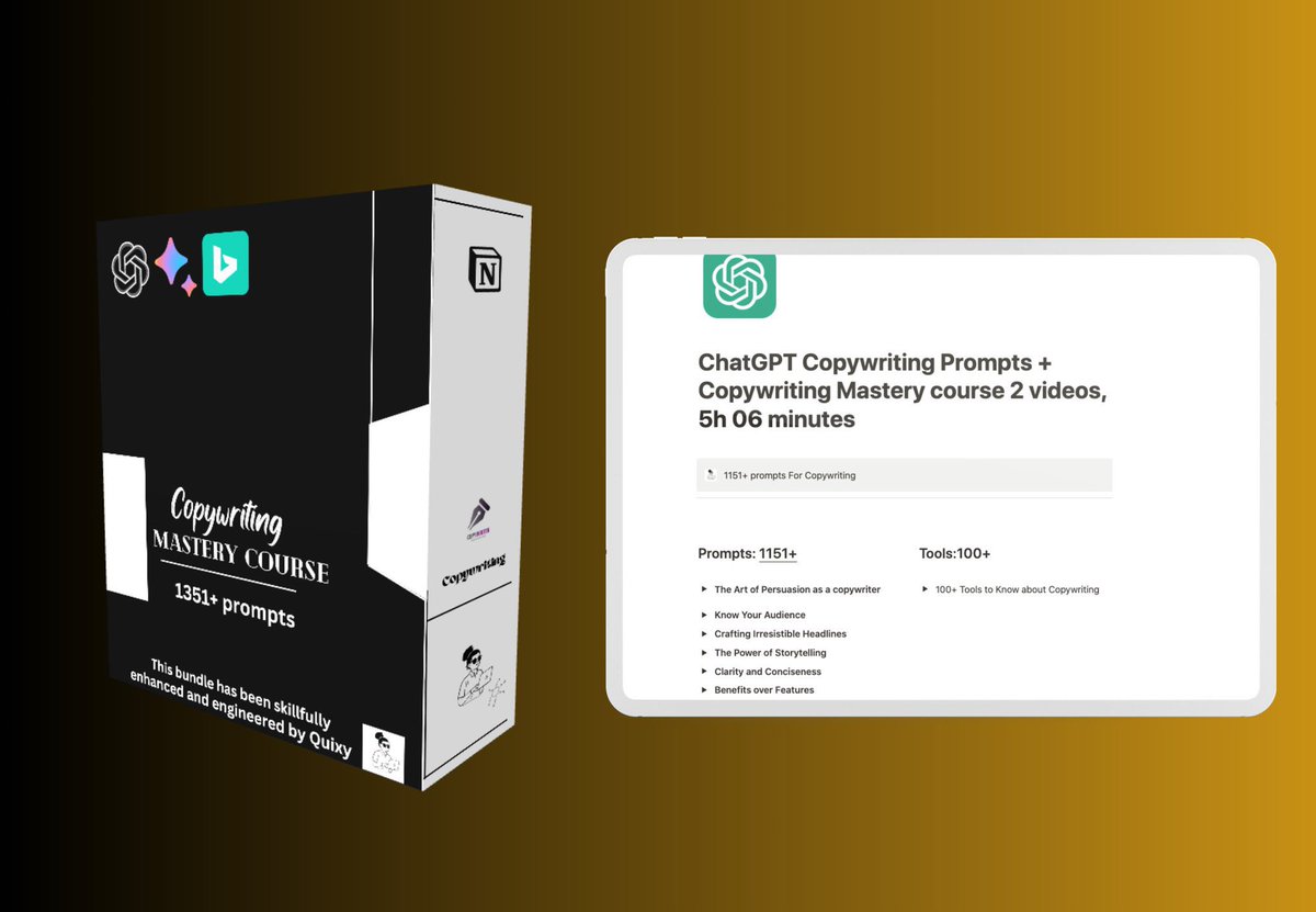 ChatGPT is a FREE copywriter Tool.   

But 98% of people don't know what to prompt.   

So I wrote 1351+ prompts+ 5hr 06 minutes of copywriting video.   

Normally $49   

But for the next 24 hrs it's FREE!  
To get it, 
-Follow( so i can DM you)  
-RT and reply"Copy”