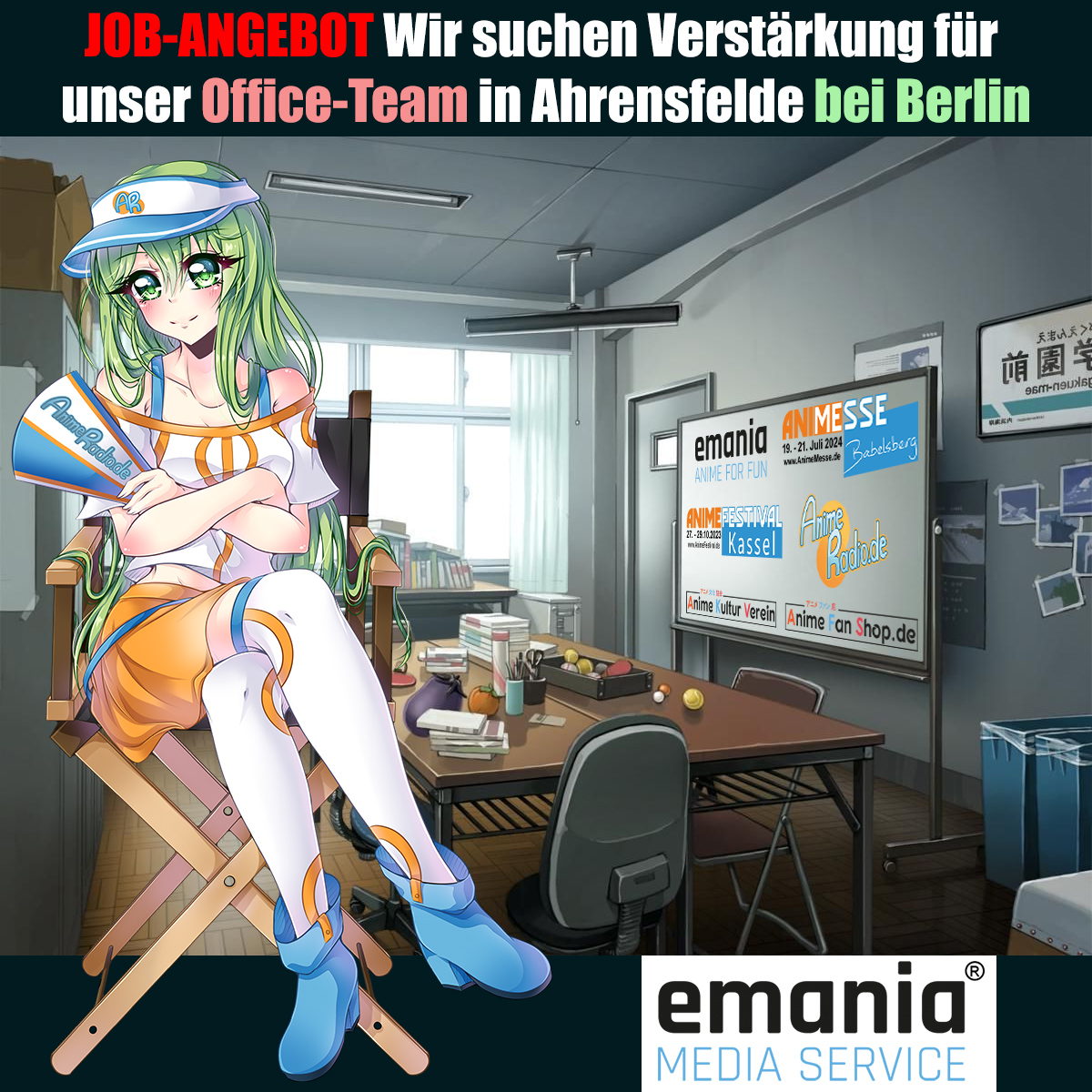 AnimeRadioDE's tweet photo. 🌟 Verstärkung gesucht für unser Office-Team in Ahrensfelde bei Berlin! 🌟

2024 wird aufregend - und dafür brauchen wir euch! Seid Teil unserer Mission, um fantastische Anime Events wie die Anime Messe Babelsberg und das Anime Festival Kassel 🎉 zu organisieren. Unser Team braucht Unterstützung in der Planung und Durchführung dieser Ereignisse.

Aber das ist noch nicht alles! Wir betreiben auch den https://t.co/6X2hWJ5II2, einen Ort für cooles Anime-Merch und leckere Snacks aus Japan 🍣.

Wir suchen vorallem Teammitglieder, die sich in neuen Situationen zurechtfinden und die Herausforderung lieben, bei der Organisation von Events immer wieder Neues zu entdecken 🚀.

Interessiert? Dann werft einen Blick 👀 auf unsere Stellenausschreibungen unter https://t.co/osPb4iKtjP und sendet eure aussagekräftigen Bewerbungen an jobs@emania.de

Lasst uns gemeinsam die Anime-Community in Deutschland weiterentwickeln und großartige Momente schaffen 💪. Wir freuen uns darauf, von euch zu hören!

#AnimeJobs #AnimeCommunity #AnimeEvents #AnimeMesse #OtakuJobs #AnimeFanShop #Jobangebot #AnimeDeutschland #AnimeLifestyle #ArbeitenImAnimeBereich #AnimeFestival #AnimeKassel #AnimeLiebe #OtakuCulture #AnimeMerch #KarriereImAnime