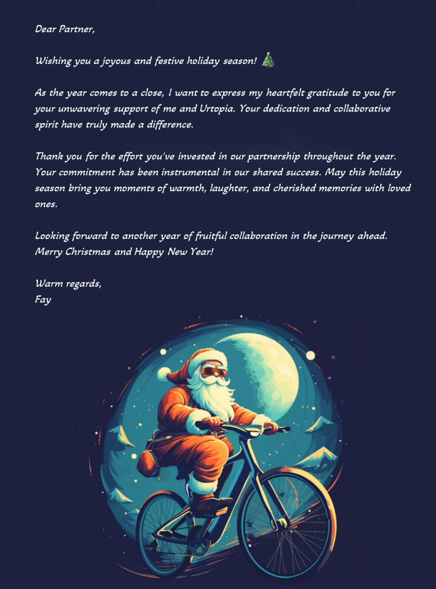 UrtopiaPR's tweet photo. 🎄🎄🎄Dear all my friends and partners, appreciating our partnership and your support. Wishing you and your family a joyful Christmas and anticipating a prosperous New Year ahead!🎁🎉🎊 https://t.co/cQrEPajvUY