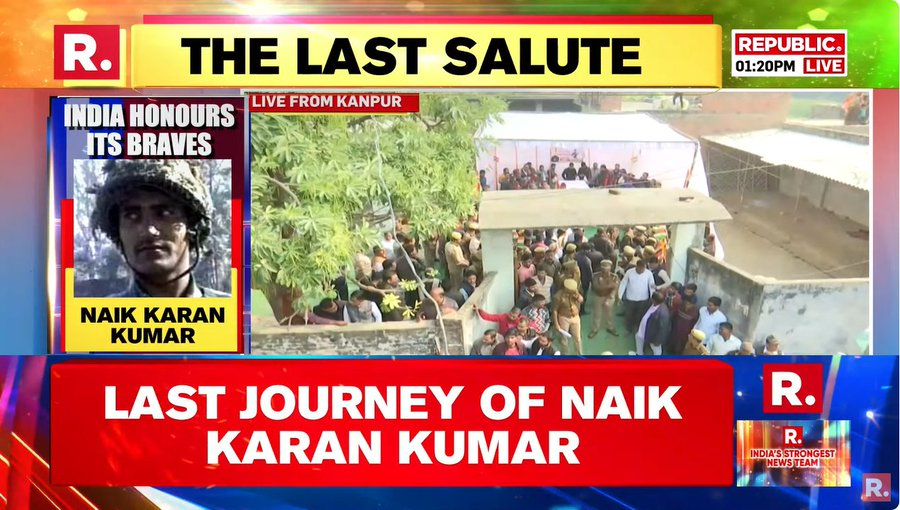 republic's tweet photo. THE LAST SALUTE #LIVE | People gather in large numbers to honor the Poonch braveheart Naik Karan Kumar. 'Jab tak suraj chand rahega, Naik tera naam rahega' chant echoes in Kanpur.
Tune in here-https://t.co/1uGRqsJp9G for the EXCLUSIVE visuals.
#KaranKumar #MartyrKarnaSingh #IndianArmy #Kanpur #IndianJawans #Jawans #LastSalute