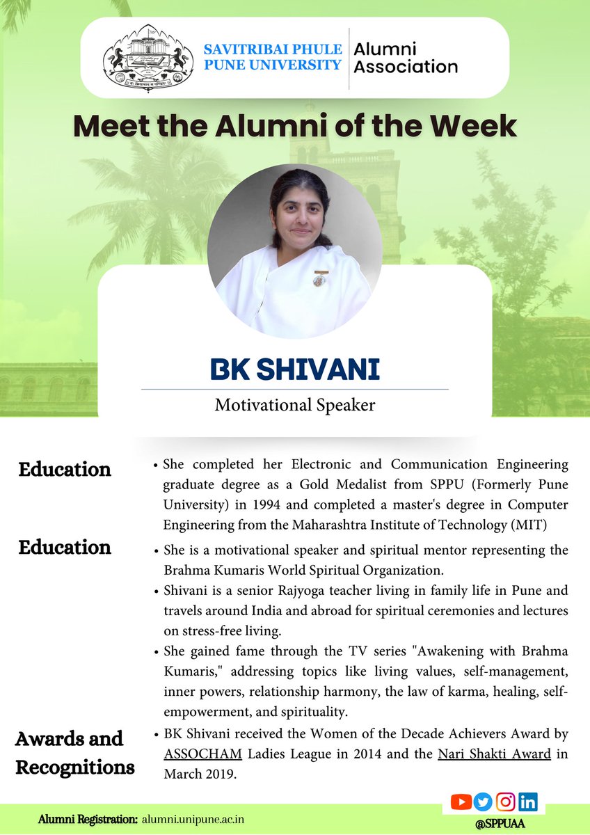 SPPUAA's tweet photo. Meet the Alumni of the Week!

Shivani Verma, better known as BK Shivani is a motivational speaker and spiritual mentor representing the Brahma Kumaris World Spiritual Organization. Proud Alumni of the Savitribai Phule Pune University. . .

@PandeRajeshBJP @pckalkar 
@ugc_india https://t.co/iHb9OH12I7